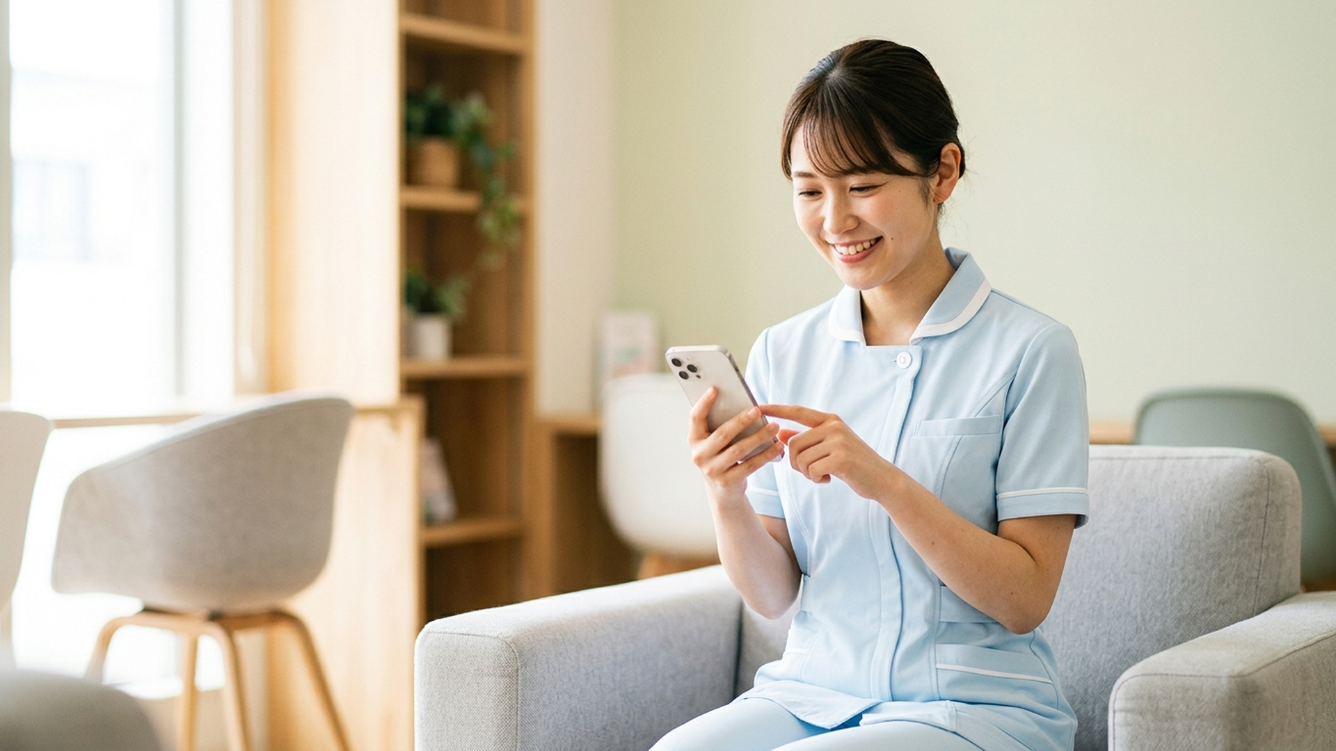 ナース服姿の女性がスマートフォンで求人サイトを閲覧している様子