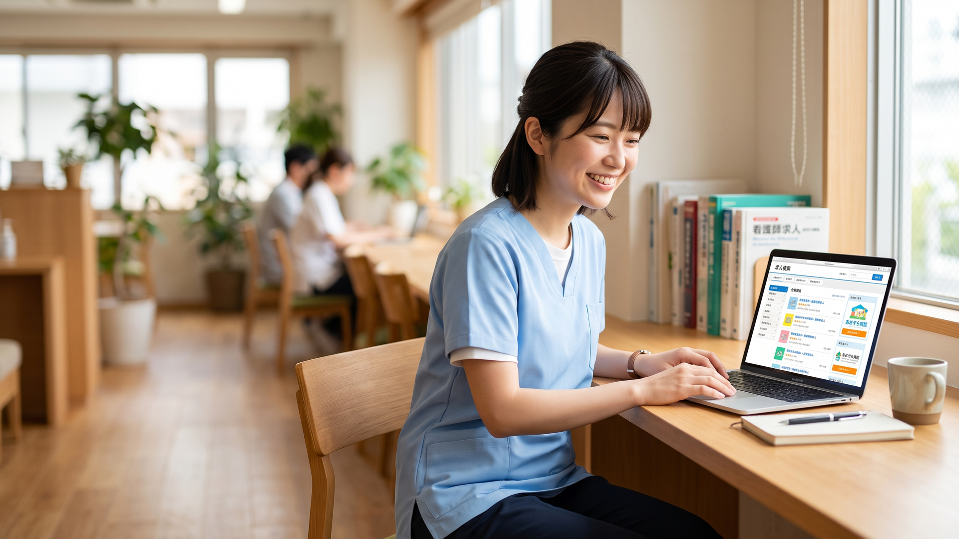 ノートPCで求人検索画面を見つめる笑顔の若い女性看護師