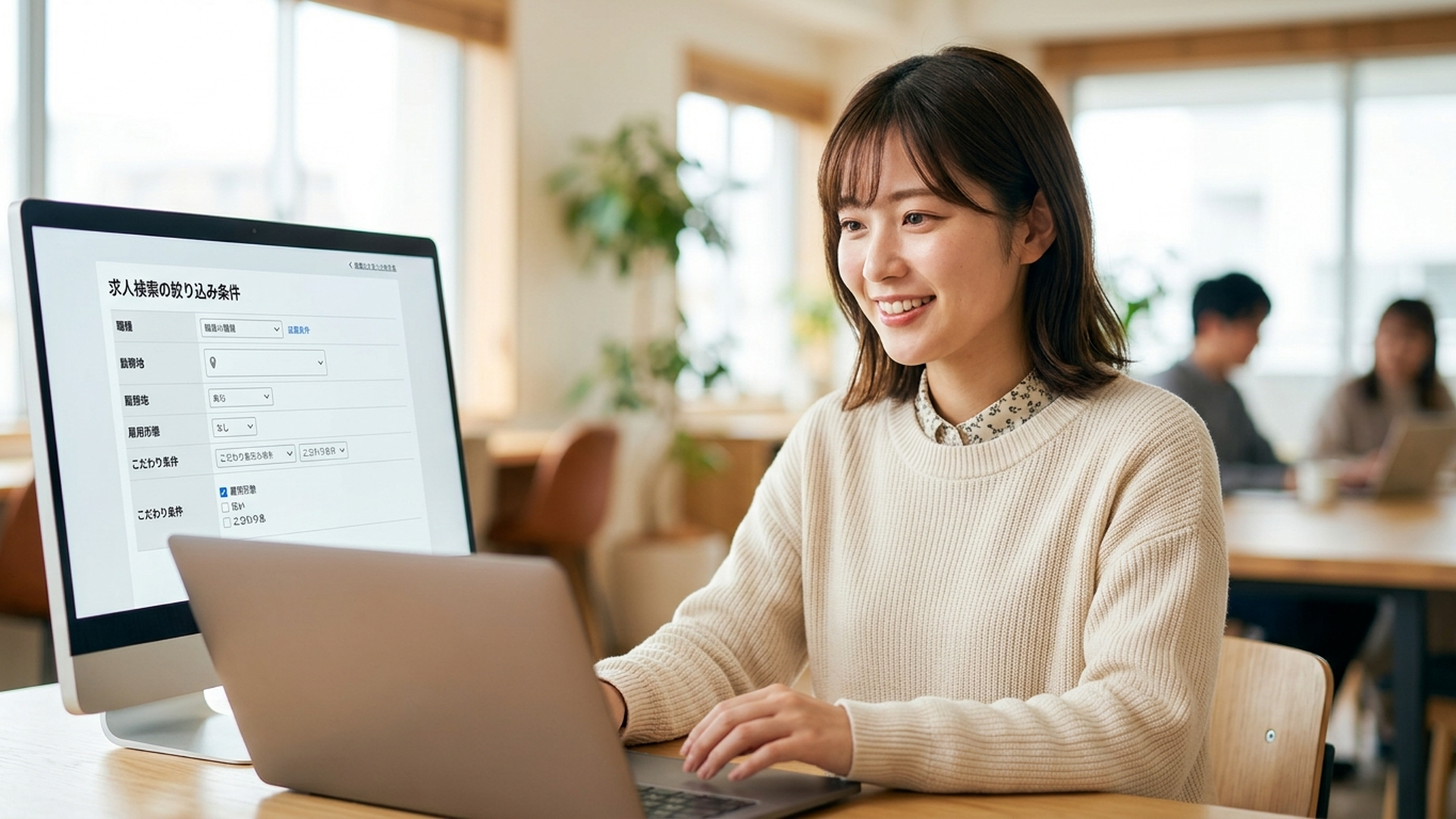 パソコン画面に求人検索の絞り込み条件一覧が表示されている様子