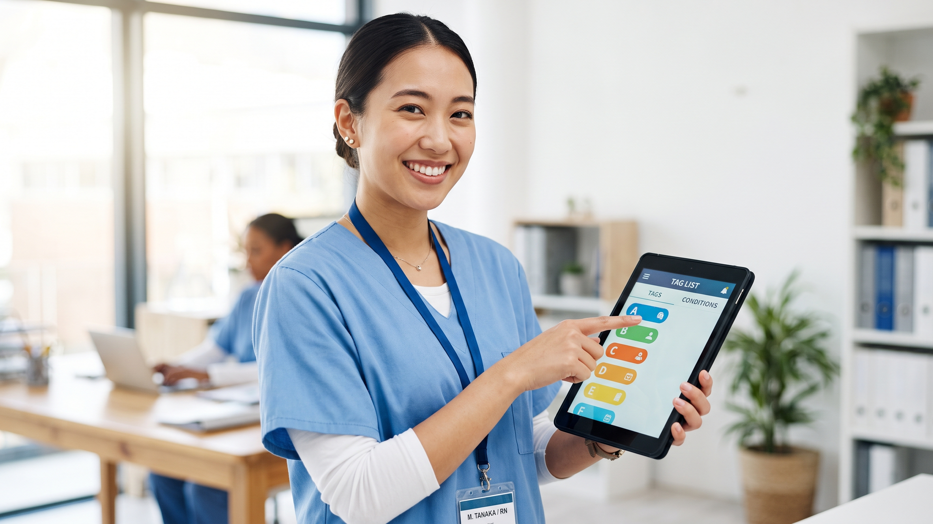 タブレット画面のタグ一覧を指さして条件を選ぶ若い女性看護師